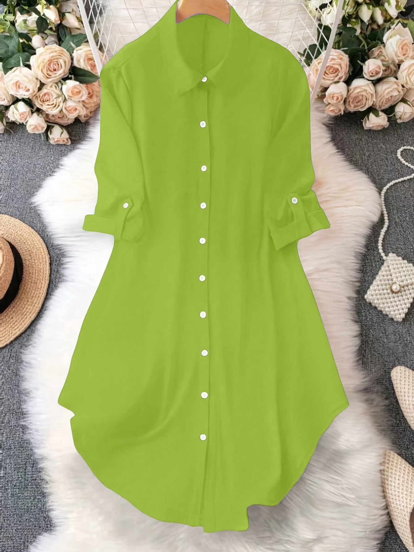 Women'S Light Blue Dress Shirt with Front Buttons and Sleeves - Casual Crew Neck, Long Sleeve, Solid Color, Polyester, Perfect for Spring and Fall, Ladies Dress
